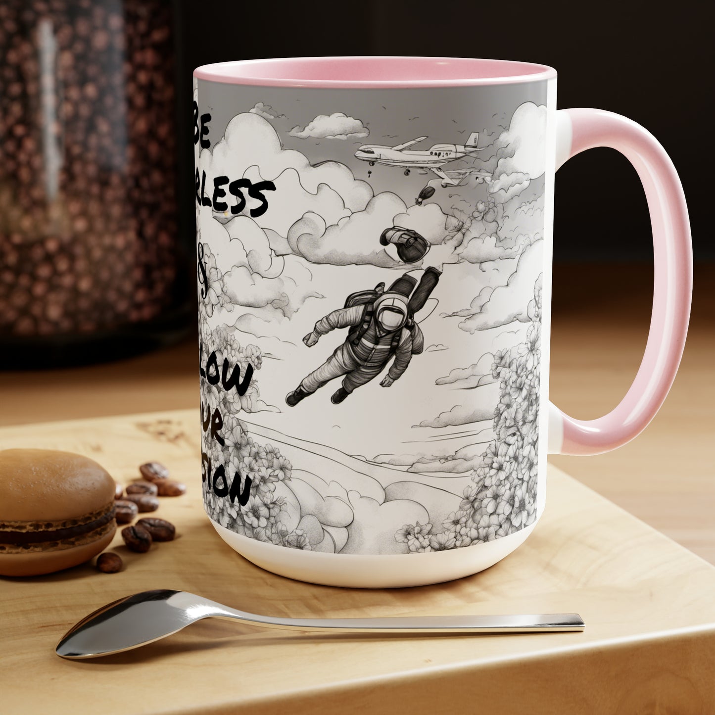 "Be Fearless & Follow Your Passion" - (Skydiving) Black & White Coffee Mugs, 15oz