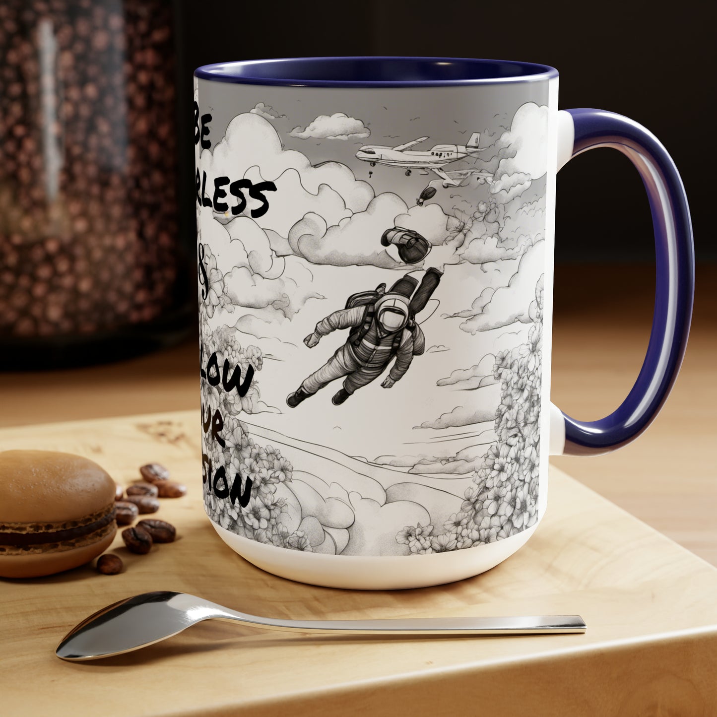 "Be Fearless & Follow Your Passion" - (Skydiving) Black & White Coffee Mugs, 15oz